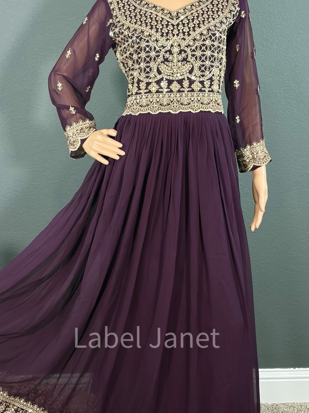 Purple Embroidered Long Sleeve Evening Dress (M upto L) Brand New